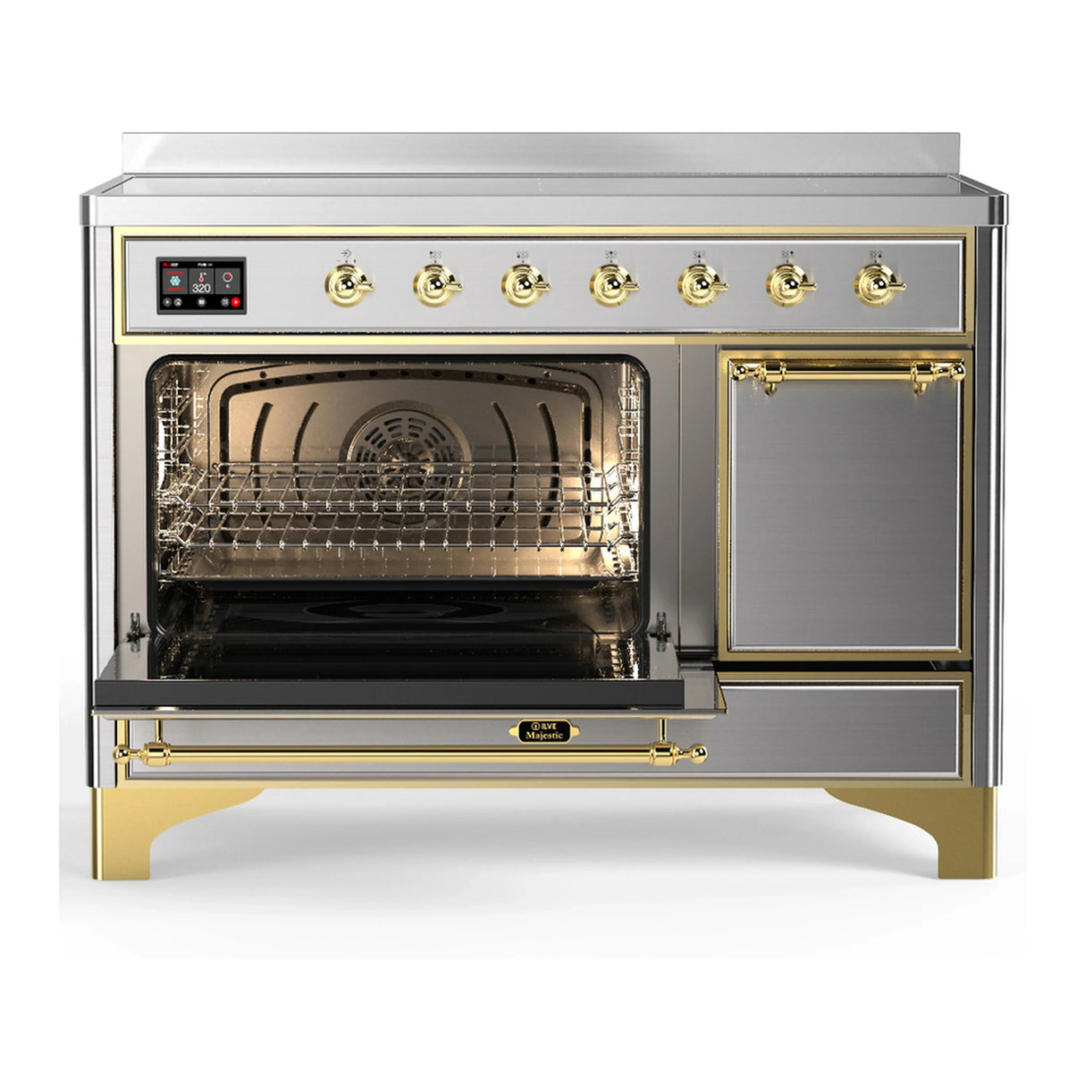 ILVE Majestic III 48-Inch Induction Range with 6 Induction Elements and Solid Door Electric Oven in Stainless Steel with Brass Trim (UMIB48QNR3SSG)