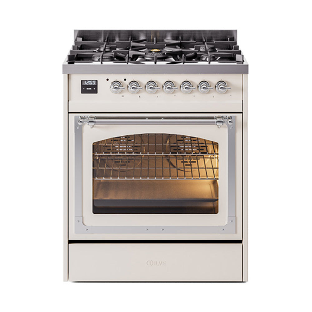 ILVE Nostalgie II Noblesse 30-Inch Propane Gas Dual Fuel Range with Triple Glass Door in Antique White with Chrome Trim (UN30NMPAWCLP)