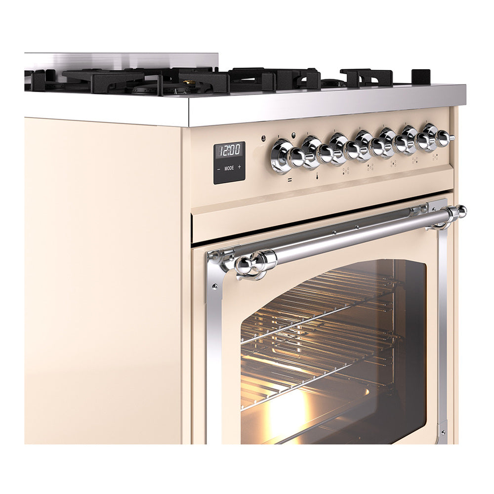 ILVE Nostalgie II Noblesse 30-Inch Propane Gas Dual Fuel Range with Triple Glass Door in Antique White with Chrome Trim (UN30NMPAWCLP)