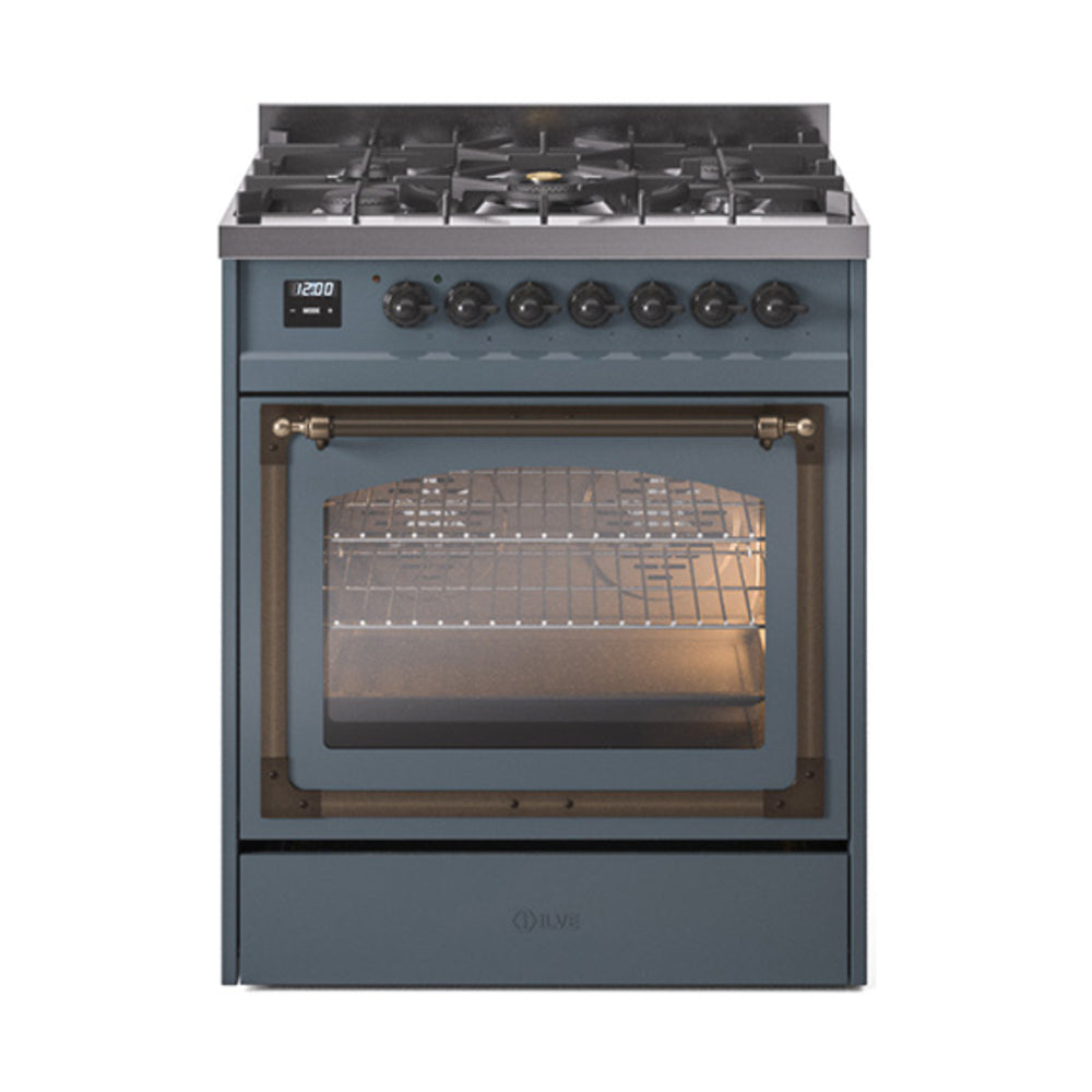 ILVE Nostalgie II Noblesse 30-Inch Natural Gas Dual Fuel Range with Triple Glass Door in Blue Grey with Bronze Trim (UN30NMPBGB)