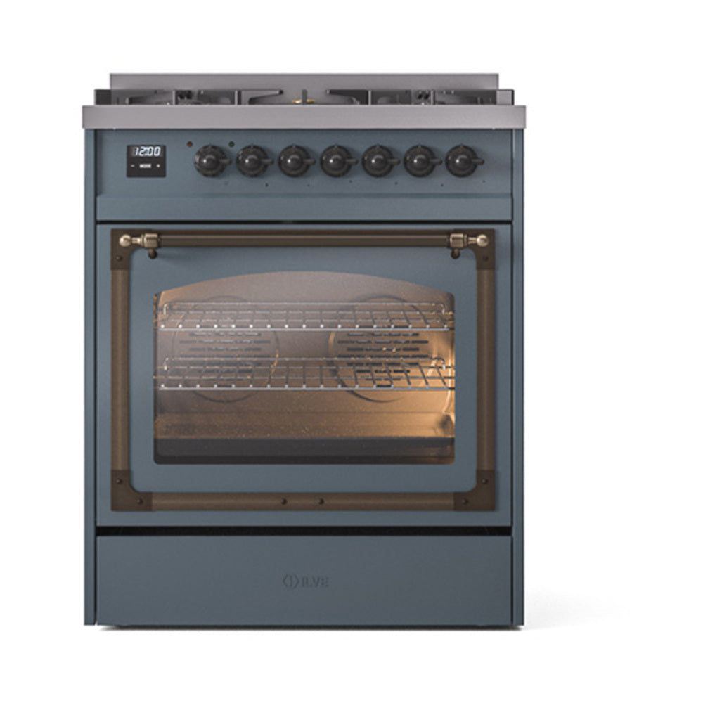 ILVE Nostalgie II Noblesse 30-Inch Natural Gas Dual Fuel Range with Triple Glass Door in Blue Grey with Bronze Trim (UN30NMPBGB)