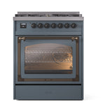 ILVE Nostalgie II Noblesse 30-Inch Natural Gas Dual Fuel Range with Triple Glass Door in Blue Grey with Bronze Trim (UN30NMPBGB)