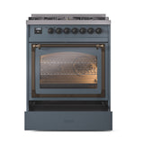 ILVE Nostalgie II Noblesse 30-Inch Natural Gas Dual Fuel Range with Triple Glass Door in Blue Grey with Bronze Trim (UN30NMPBGB)