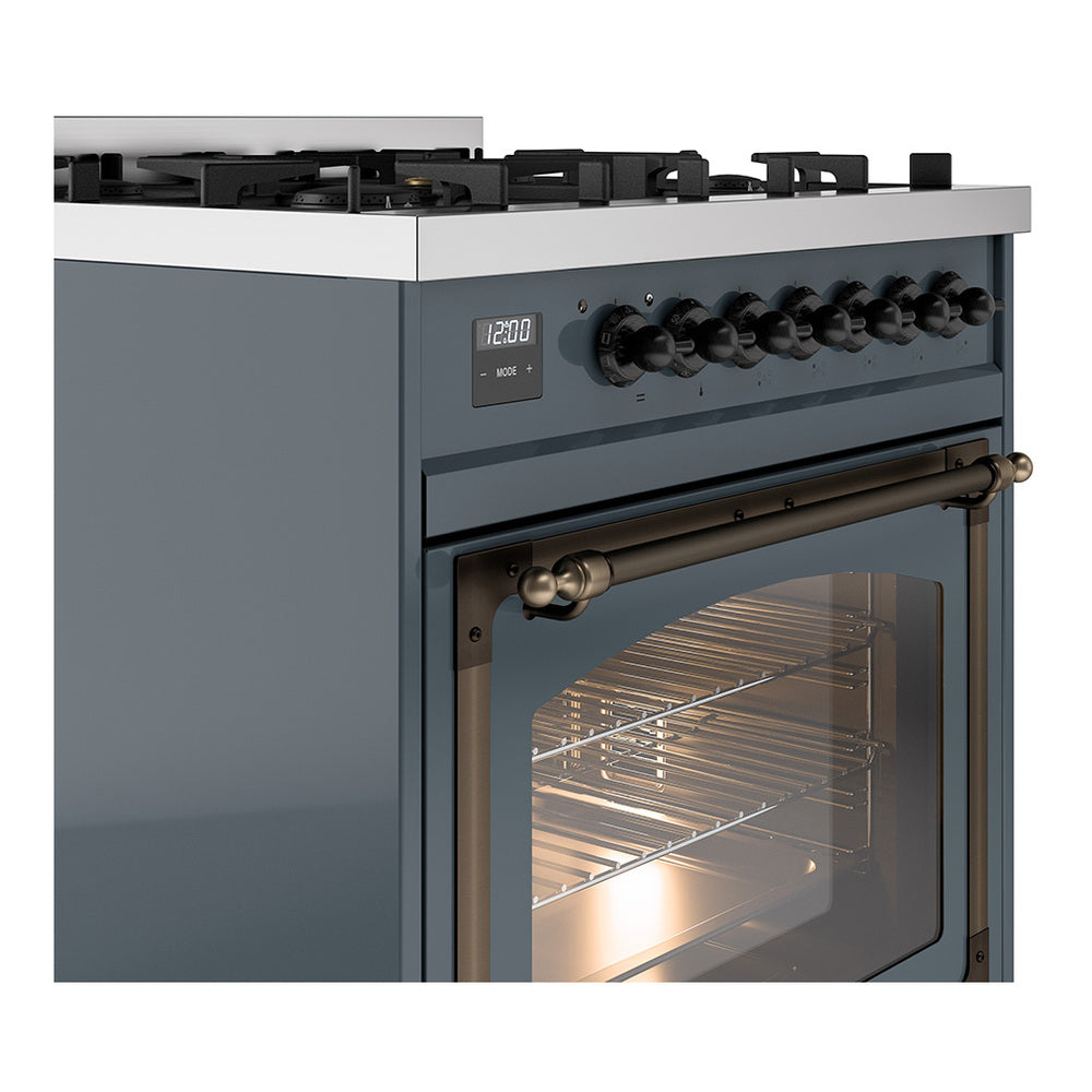 ILVE Nostalgie II Noblesse 30-Inch Natural Gas Dual Fuel Range with Triple Glass Door in Blue Grey with Bronze Trim (UN30NMPBGB)