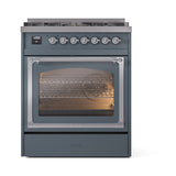 ILVE Nostalgie II Noblesse 30-Inch Natural Gas Dual Fuel Range with Triple Glass Door in Blue Grey with Chrome Trim (UN30NMPBGC)