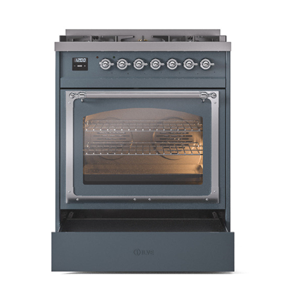 ILVE Nostalgie II Noblesse 30-Inch Natural Gas Dual Fuel Range with Triple Glass Door in Blue Grey with Chrome Trim (UN30NMPBGC)