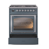 ILVE Nostalgie II Noblesse 30-Inch Natural Gas Dual Fuel Range with Triple Glass Door in Blue Grey with Chrome Trim (UN30NMPBGC)