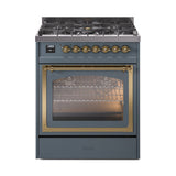 ILVE Nostalgie II Noblesse 30-Inch Natural Gas Dual Fuel Range with Triple Glass Door in Blue Grey with Brass Trim (UN30NMPBGG)