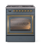 ILVE Nostalgie II Noblesse 30-Inch Propane Gas Dual Fuel Range with Triple Glass Door in Blue Grey with Brass Trim (UN30NMPBGGLP)