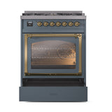 ILVE Nostalgie II Noblesse 30-Inch Propane Gas Dual Fuel Range with Triple Glass Door in Blue Grey with Brass Trim (UN30NMPBGGLP)