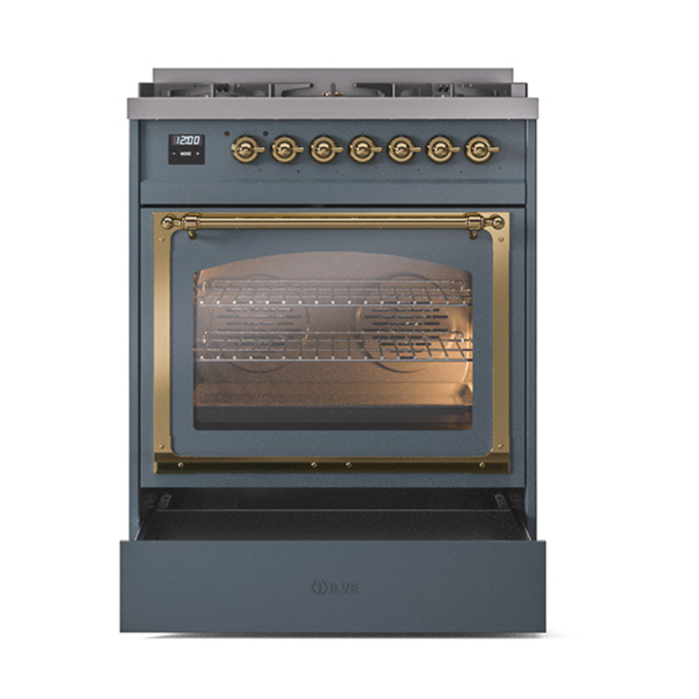 ILVE Nostalgie II Noblesse 30-Inch Natural Gas Dual Fuel Range with Triple Glass Door in Blue Grey with Brass Trim (UN30NMPBGG)