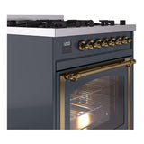 ILVE Nostalgie II Noblesse 30-Inch Natural Gas Dual Fuel Range with Triple Glass Door in Blue Grey with Brass Trim (UN30NMPBGG)