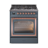 ILVE Nostalgie II Noblesse 30-Inch Propane Gas Dual Fuel Range with Triple Glass Door in Blue Grey with Copper Trim (UN30NMPBGPLP)