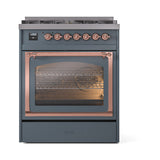 ILVE Nostalgie II Noblesse 30-Inch Natural Gas Dual Fuel Range with Triple Glass Door in Blue Grey with Copper Trim (UN30NMPBGP)