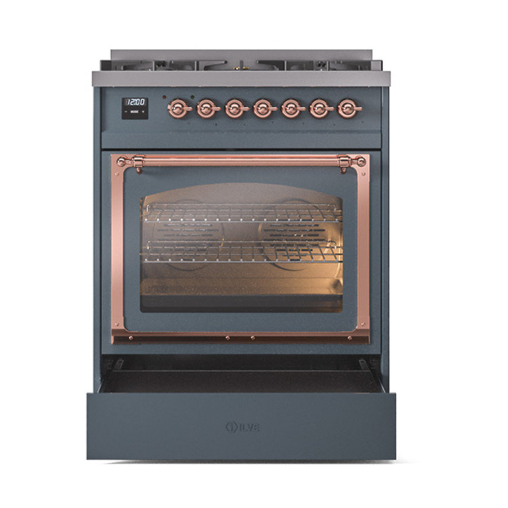 ILVE Nostalgie II Noblesse 30-Inch Propane Gas Dual Fuel Range with Triple Glass Door in Blue Grey with Copper Trim (UN30NMPBGPLP)