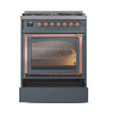 ILVE Nostalgie II Noblesse 30-Inch Propane Gas Dual Fuel Range with Triple Glass Door in Blue Grey with Copper Trim (UN30NMPBGPLP)