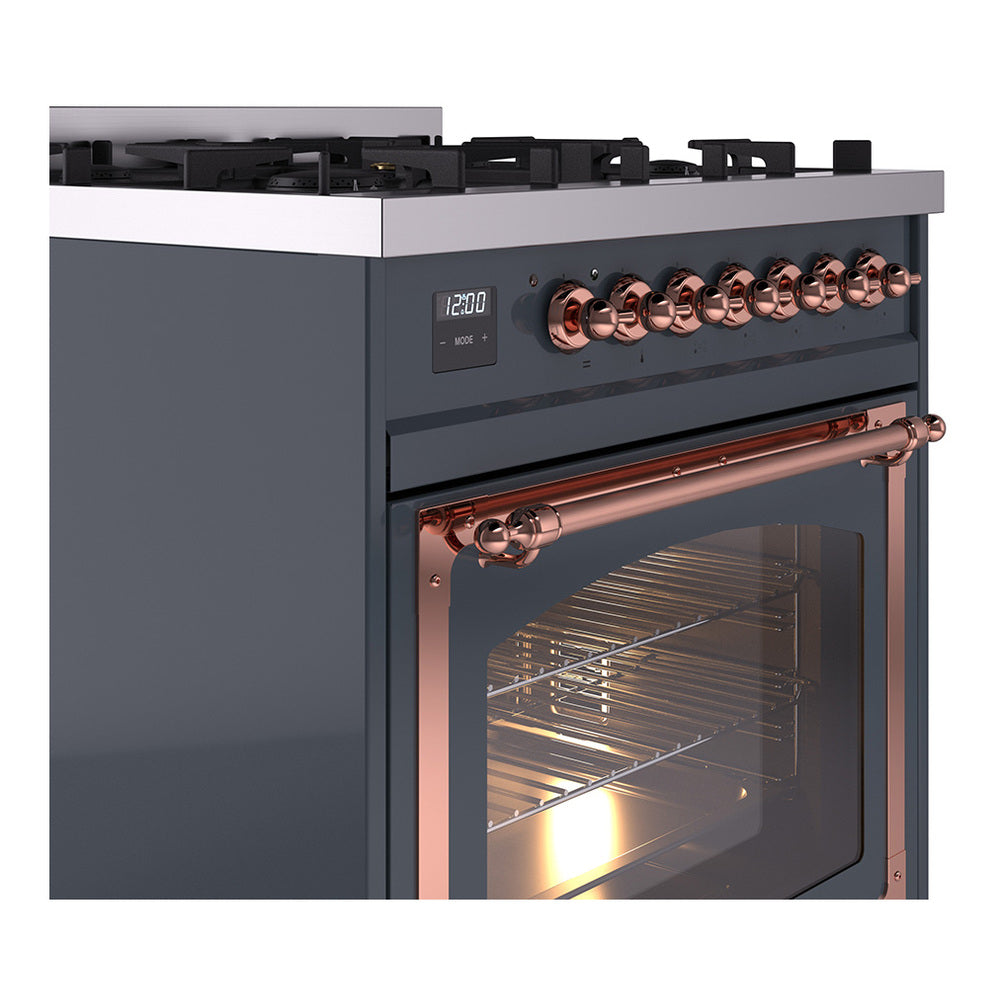 ILVE Nostalgie II Noblesse 30-Inch Propane Gas Dual Fuel Range with Triple Glass Door in Blue Grey with Copper Trim (UN30NMPBGPLP)