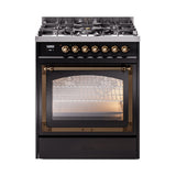 ILVE Nostalgie II Noblesse 30-Inch Propane Gas Dual Fuel Range with Triple Glass Door in Glossy Black with Bronze Trim (UN30NMPBKBLP)