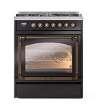 ILVE Nostalgie II Noblesse 30-Inch Natural Gas Dual Fuel Range with Triple Glass Door in Glossy Black with Bronze Trim (UN30NMPBKB)