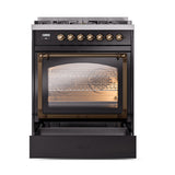 ILVE Nostalgie II Noblesse 30-Inch Natural Gas Dual Fuel Range with Triple Glass Door in Glossy Black with Bronze Trim (UN30NMPBKB)