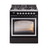 ILVE Nostalgie II Noblesse 30-Inch Natural Gas Dual Fuel Range with Triple Glass Door in Glossy Black with Chrome Trim (UN30NMPBKC)