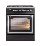 ILVE Nostalgie II Noblesse 30-Inch Propane Gas Dual Fuel Range with Triple Glass Door in Glossy Black with Chrome Trim (UN30NMPBKCLP)