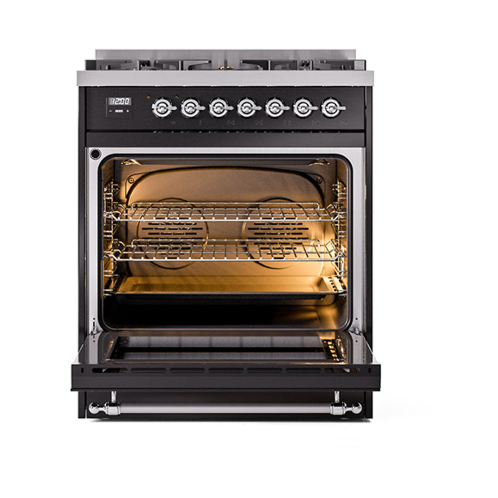 ILVE Nostalgie II Noblesse 30-Inch Natural Gas Dual Fuel Range with Triple Glass Door in Glossy Black with Chrome Trim (UN30NMPBKC)