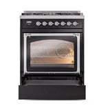 ILVE Nostalgie II Noblesse 30-Inch Natural Gas Dual Fuel Range with Triple Glass Door in Glossy Black with Chrome Trim (UN30NMPBKC)