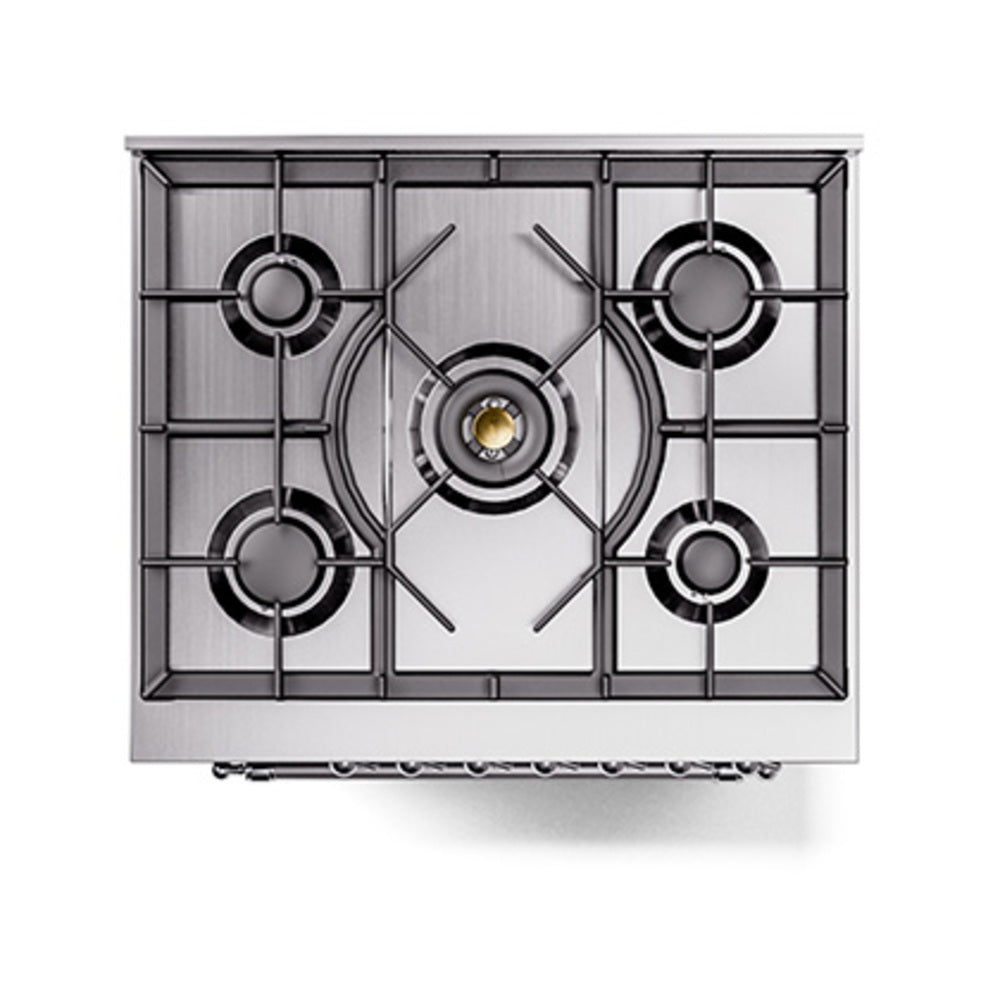 ILVE Nostalgie II Noblesse 30-Inch Natural Gas Dual Fuel Range with Triple Glass Door in Glossy Black with Chrome Trim (UN30NMPBKC)