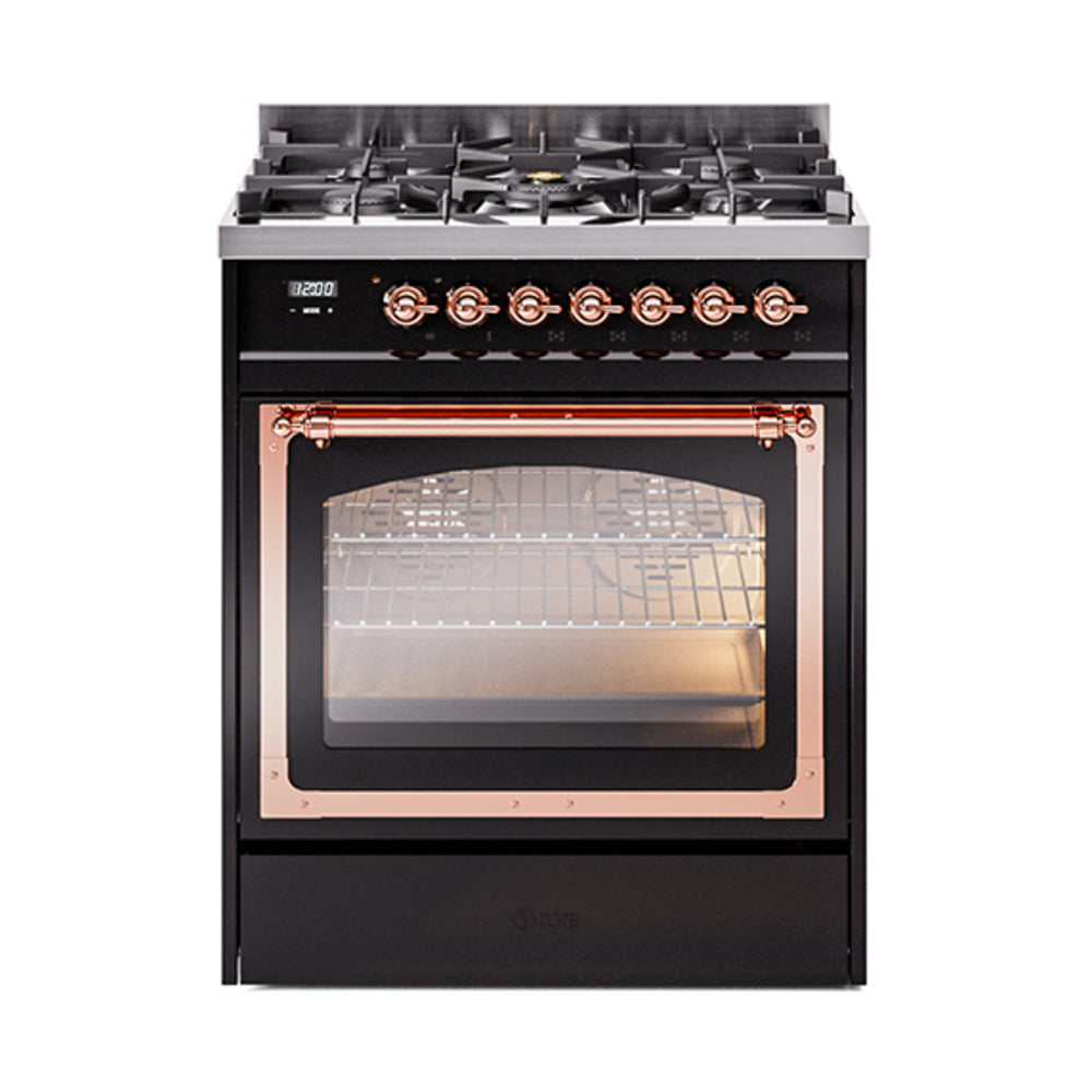 ILVE Nostalgie II Noblesse 30-Inch Natural Gas Dual Fuel Range with Triple Glass Door in Glossy Black with Copper Trim (UN30NMPBKP)