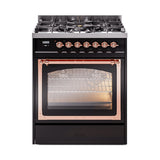 ILVE Nostalgie II Noblesse 30-Inch Natural Gas Dual Fuel Range with Triple Glass Door in Glossy Black with Copper Trim (UN30NMPBKP)