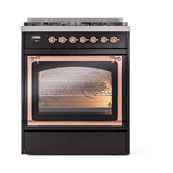 ILVE Nostalgie II Noblesse 30-Inch Natural Gas Dual Fuel Range with Triple Glass Door in Glossy Black with Copper Trim (UN30NMPBKP)