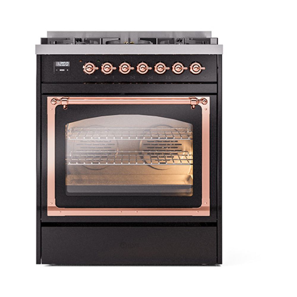ILVE Nostalgie II Noblesse 30-Inch Propane Gas Dual Fuel Range with Triple Glass Door in Glossy Black with Copper Trim (UN30NMPBKPLP)