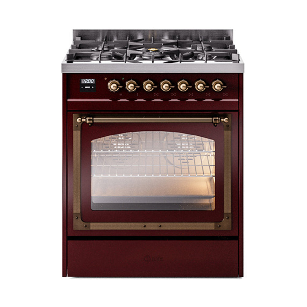 ILVE Nostalgie II Noblesse 30-Inch Natural Gas Dual Fuel Range with Triple Glass Door in Burgundy with Bronze Trim (UN30NMPBUB)