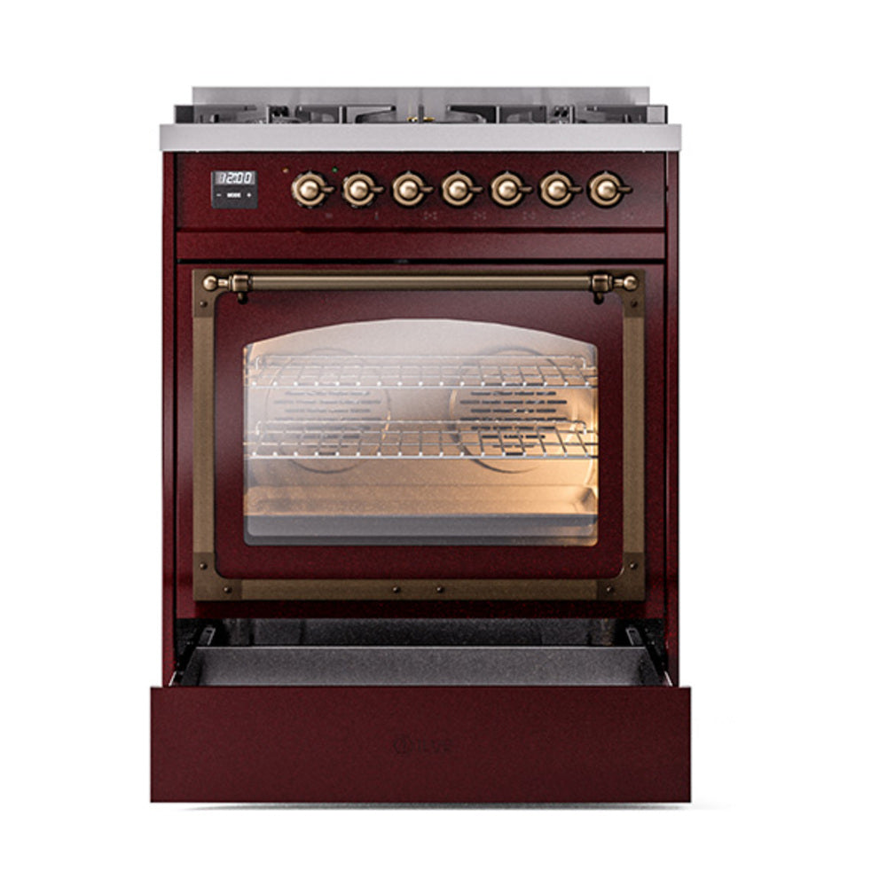 ILVE Nostalgie II Noblesse 30-Inch Natural Gas Dual Fuel Range with Triple Glass Door in Burgundy with Bronze Trim (UN30NMPBUB)