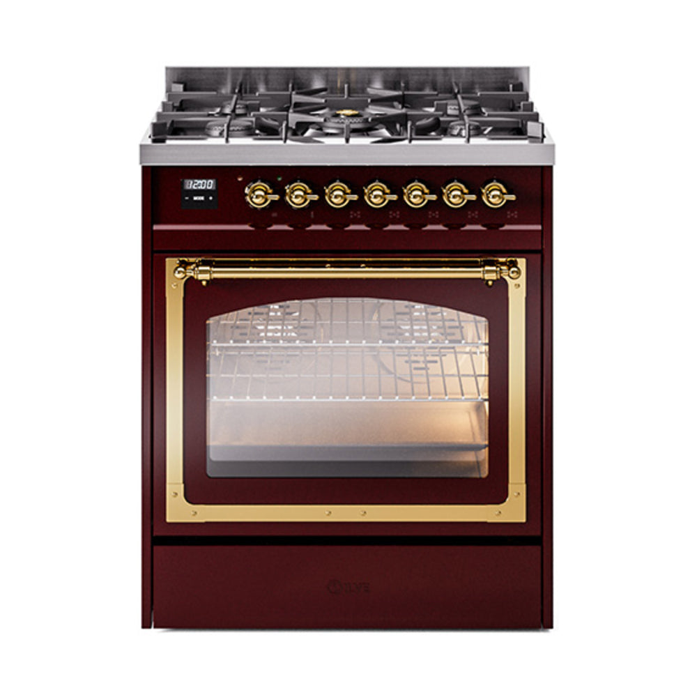 ILVE Nostalgie II Noblesse 30-Inch Natural Gas Dual Fuel Range with Triple Glass Door in Burgundy with Brass Trim (UN30NMPBUG)