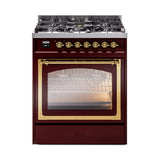 ILVE Nostalgie II Noblesse 30-Inch Natural Gas Dual Fuel Range with Triple Glass Door in Burgundy with Brass Trim (UN30NMPBUG)