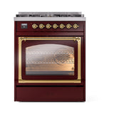 ILVE Nostalgie II Noblesse 30-Inch Natural Gas Dual Fuel Range with Triple Glass Door in Burgundy with Brass Trim (UN30NMPBUG)