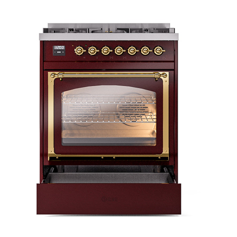 ILVE Nostalgie II Noblesse 30-Inch Natural Gas Dual Fuel Range with Triple Glass Door in Burgundy with Brass Trim (UN30NMPBUG)