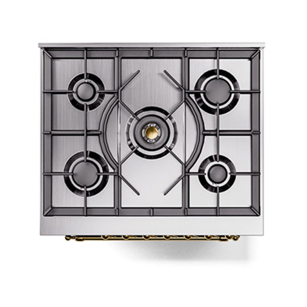 ILVE Nostalgie II Noblesse 30-Inch Natural Gas Dual Fuel Range with Triple Glass Door in Burgundy with Brass Trim (UN30NMPBUG)