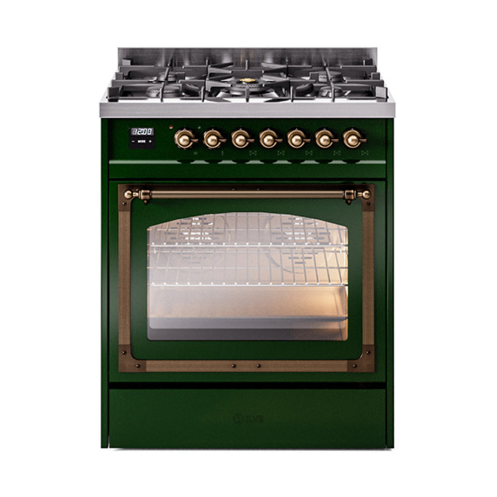 ILVE Nostalgie II Noblesse 30-Inch Natural Gas Dual Fuel Range with Triple Glass Door in Emerald Green with Bronze Trim (UN30NMPEGB)