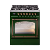 ILVE Nostalgie II Noblesse 30-Inch Natural Gas Dual Fuel Range with Triple Glass Door in Emerald Green with Bronze Trim (UN30NMPEGB)