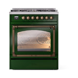 ILVE Nostalgie II Noblesse 30-Inch Natural Gas Dual Fuel Range with Triple Glass Door in Emerald Green with Bronze Trim (UN30NMPEGB)