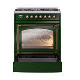 ILVE Nostalgie II Noblesse 30-Inch Natural Gas Dual Fuel Range with Triple Glass Door in Emerald Green with Bronze Trim (UN30NMPEGB)