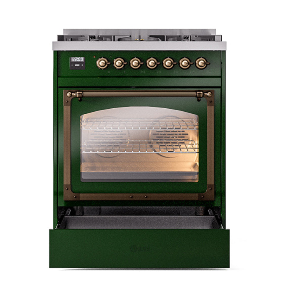 ILVE Nostalgie II Noblesse 30-Inch Natural Gas Dual Fuel Range with Triple Glass Door in Emerald Green with Bronze Trim (UN30NMPEGB)