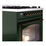ILVE Nostalgie II Noblesse 30-Inch Natural Gas Dual Fuel Range with Triple Glass Door in Emerald Green with Bronze Trim (UN30NMPEGB)