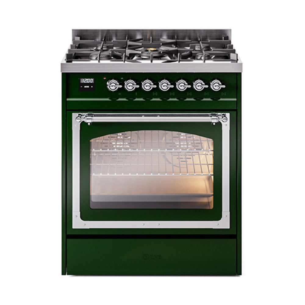 ILVE Nostalgie II Noblesse 30-Inch Natural Gas Dual Fuel Range with Triple Glass Door in Emerald Green with Chrome Trim (UN30NMPEGC)