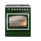 ILVE Nostalgie II Noblesse 30-Inch Natural Gas Dual Fuel Range with Triple Glass Door in Emerald Green with Chrome Trim (UN30NMPEGC)