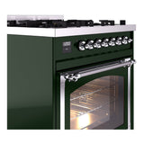 ILVE Nostalgie II Noblesse 30-Inch Natural Gas Dual Fuel Range with Triple Glass Door in Emerald Green with Chrome Trim (UN30NMPEGC)