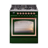ILVE Nostalgie II Noblesse 30-Inch Natural Gas Dual Fuel Range with Triple Glass Door in Emerald Green with Copper Trim (UN30NMPEGP)